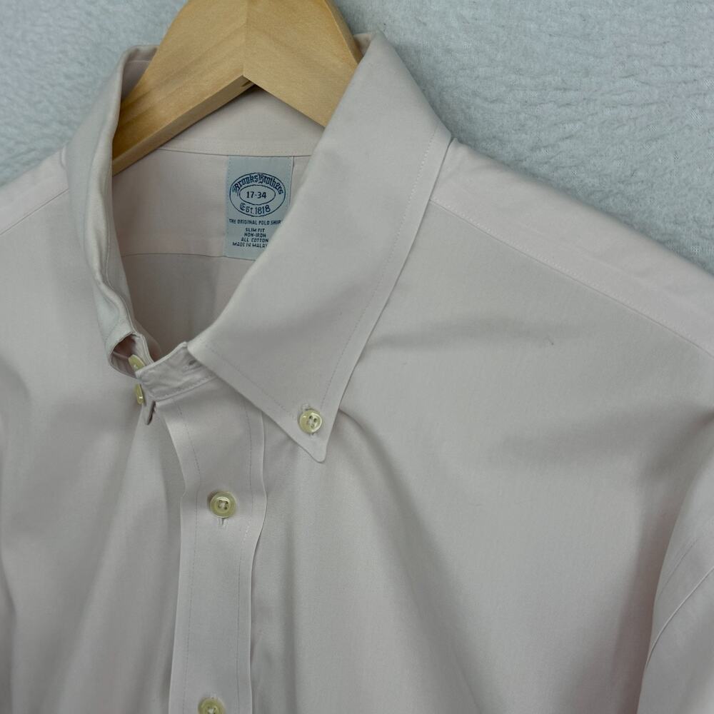 BROOKS BROTHERS Shirt Mens 17 34 Dress Oxford Non Iron Slim Fit Cotton Pink